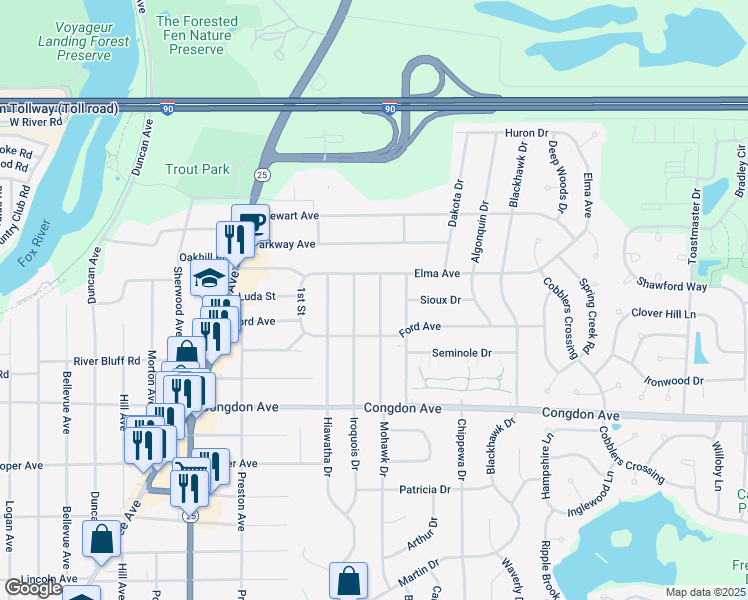 map of restaurants, bars, coffee shops, grocery stores, and more near 1198 Mohawk Drive in Elgin