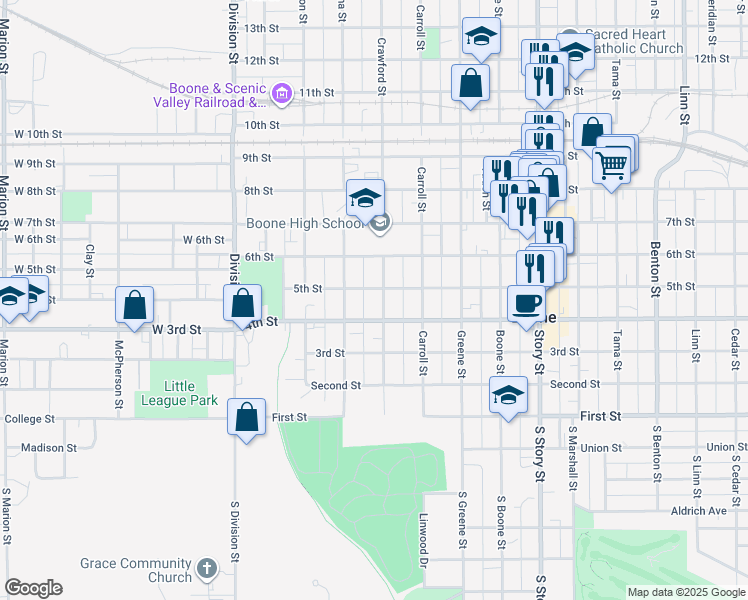 map of restaurants, bars, coffee shops, grocery stores, and more near 421 Crawford Street in Boone