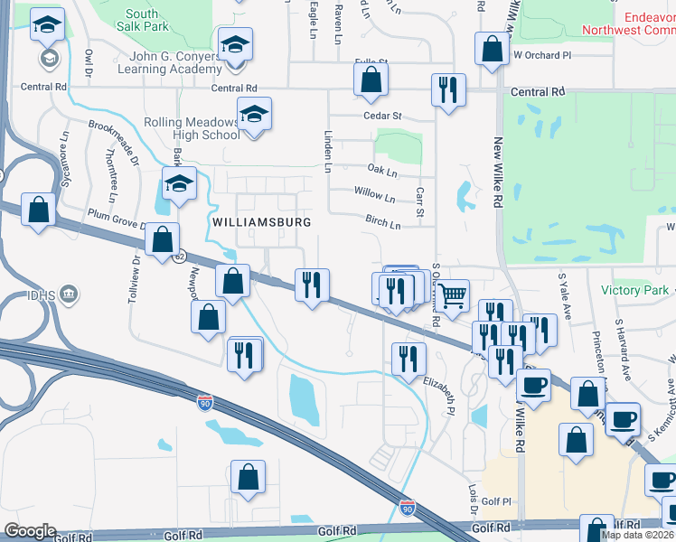 map of restaurants, bars, coffee shops, grocery stores, and more near 2402 West Algonquin Road in Rolling Meadows