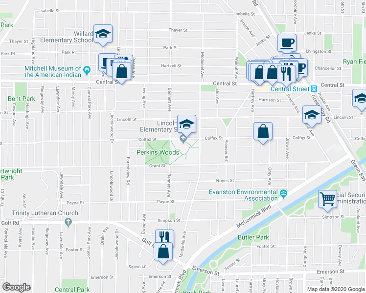 map of restaurants, bars, coffee shops, grocery stores, and more near 2600 Colfax Street in Evanston