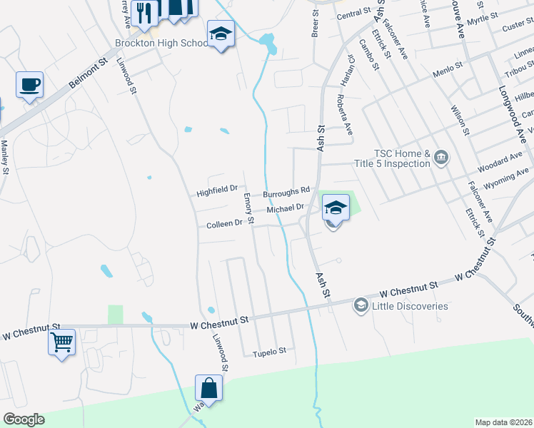map of restaurants, bars, coffee shops, grocery stores, and more near 47 Partridge Drive in Brockton