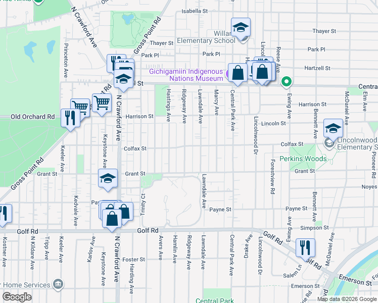 map of restaurants, bars, coffee shops, grocery stores, and more near 2329 Ridgeway Avenue in Evanston