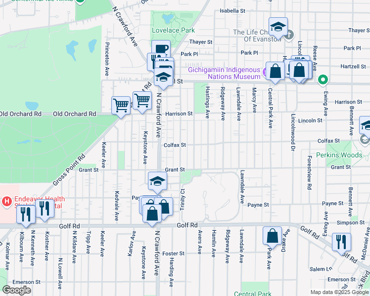 map of restaurants, bars, coffee shops, grocery stores, and more near 2334 Cowper Avenue in Evanston