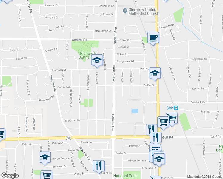 map of restaurants, bars, coffee shops, grocery stores, and more near 227 Washington Street in Glenview