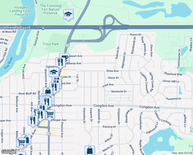 map of restaurants, bars, coffee shops, grocery stores, and more near 1198 Mohawk Drive in Elgin