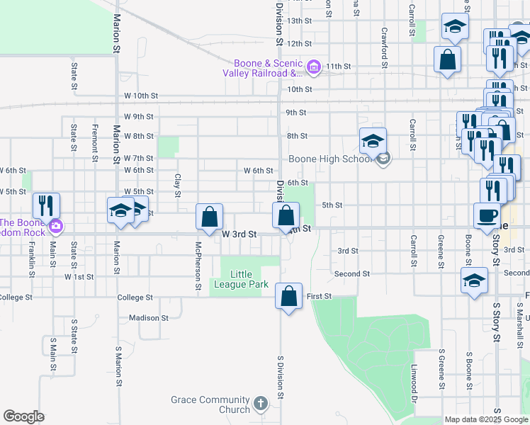 map of restaurants, bars, coffee shops, grocery stores, and more near 112 West 4th Street in Boone