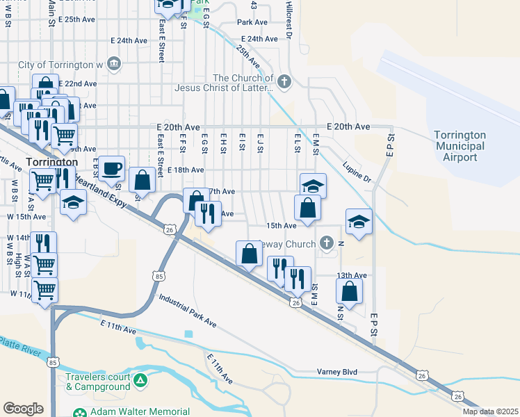 map of restaurants, bars, coffee shops, grocery stores, and more near 1547-1607 East I Street in Torrington