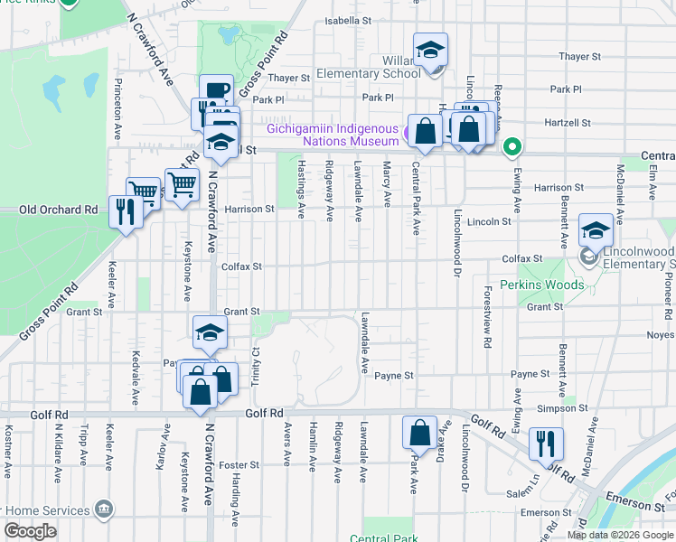 map of restaurants, bars, coffee shops, grocery stores, and more near 2329 Ridgeway Avenue in Evanston
