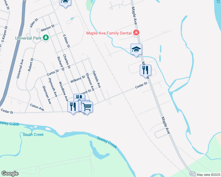 map of restaurants, bars, coffee shops, grocery stores, and more near 1723 Cedar Street in Elmira