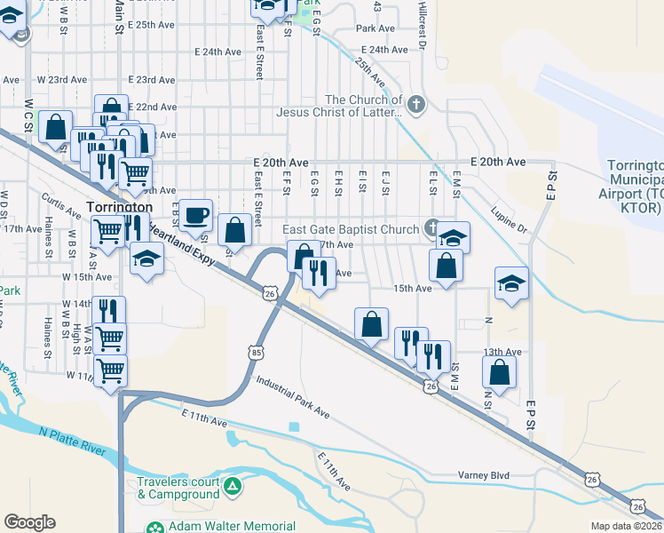 map of restaurants, bars, coffee shops, grocery stores, and more near 40 East H Street in Torrington