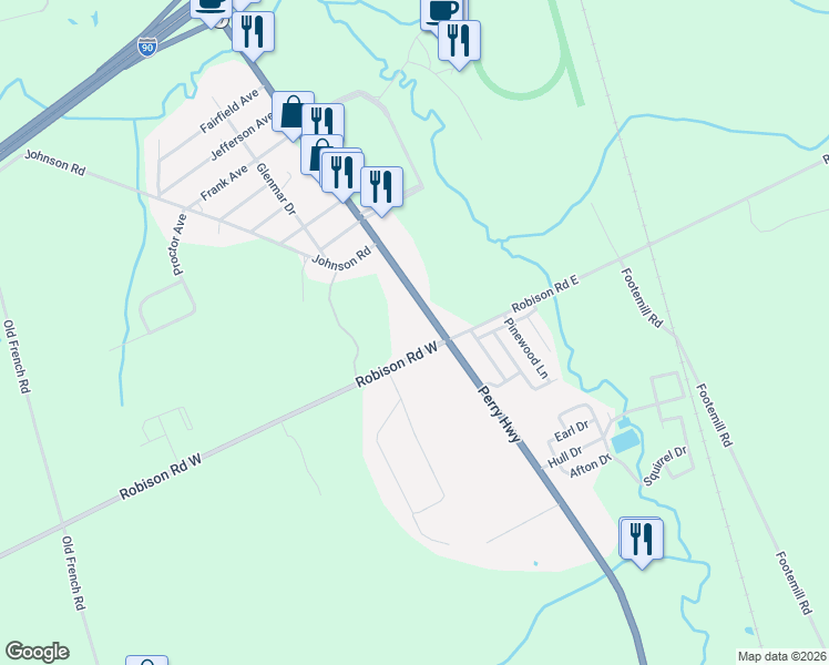 map of restaurants, bars, coffee shops, grocery stores, and more near 8380 Perry Highway in Erie
