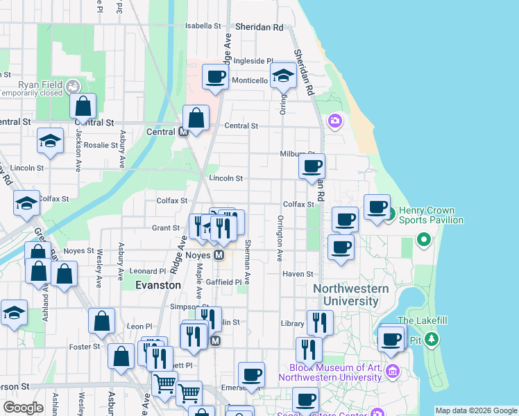 map of restaurants, bars, coffee shops, grocery stores, and more near 724 Colfax Street in Evanston