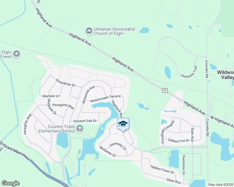 map of restaurants, bars, coffee shops, grocery stores, and more near 3614 Waterscape Terrace in Elgin