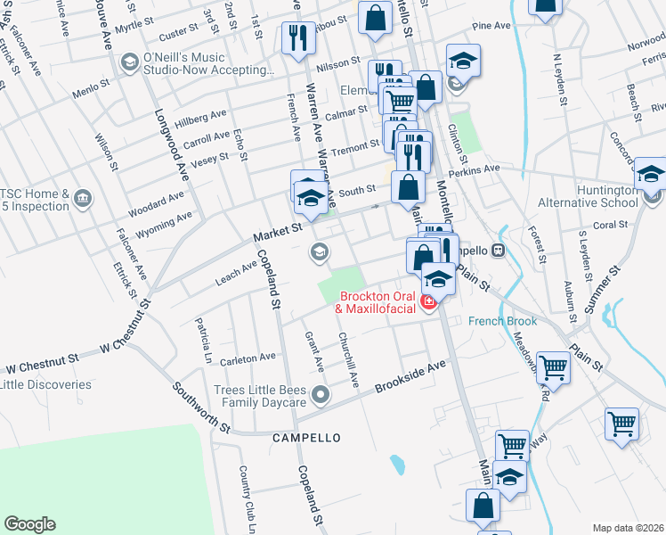 map of restaurants, bars, coffee shops, grocery stores, and more near 97 Keith Avenue in Brockton