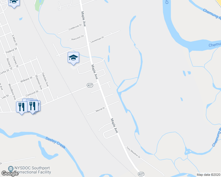 map of restaurants, bars, coffee shops, grocery stores, and more near Marywood Drive in Elmira