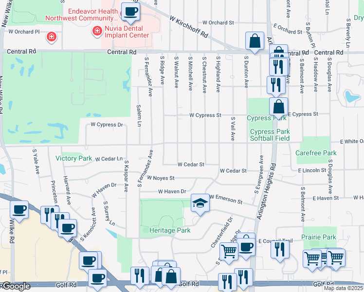 map of restaurants, bars, coffee shops, grocery stores, and more near 1310 South Walnut Avenue in Arlington Heights