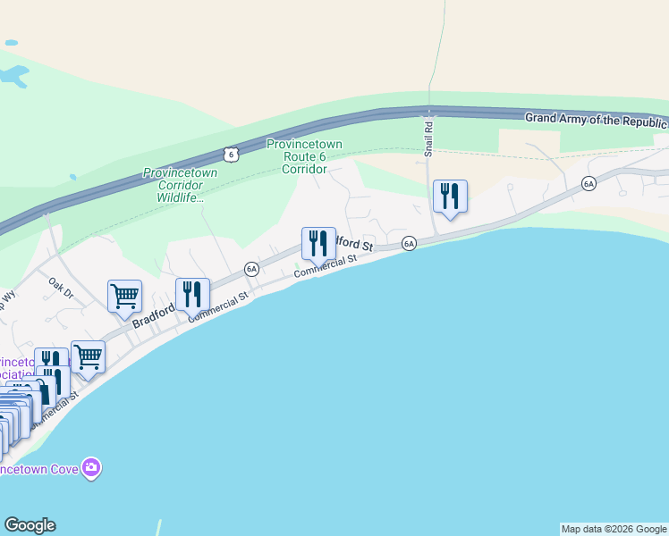 map of restaurants, bars, coffee shops, grocery stores, and more near 633 Commercial Street in Provincetown