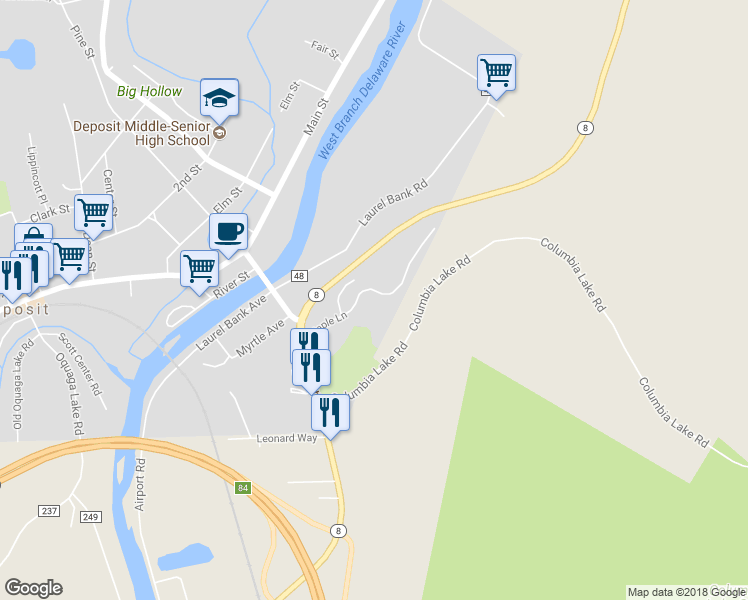 map of restaurants, bars, coffee shops, grocery stores, and more near 10 Maple Lane in Deposit