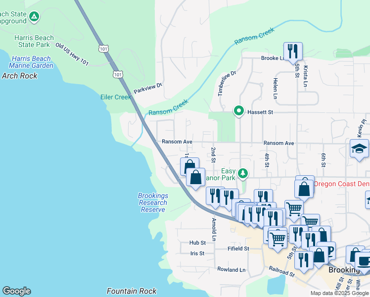 map of restaurants, bars, coffee shops, grocery stores, and more near 728 1st Street in Brookings