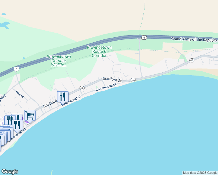 map of restaurants, bars, coffee shops, grocery stores, and more near 633 Commercial Street in Provincetown