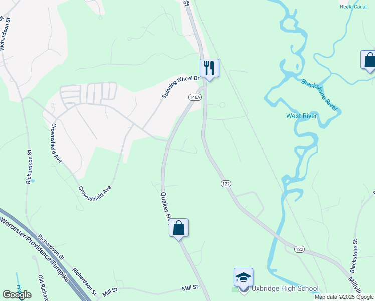 map of restaurants, bars, coffee shops, grocery stores, and more near 315 Millville Road in Uxbridge