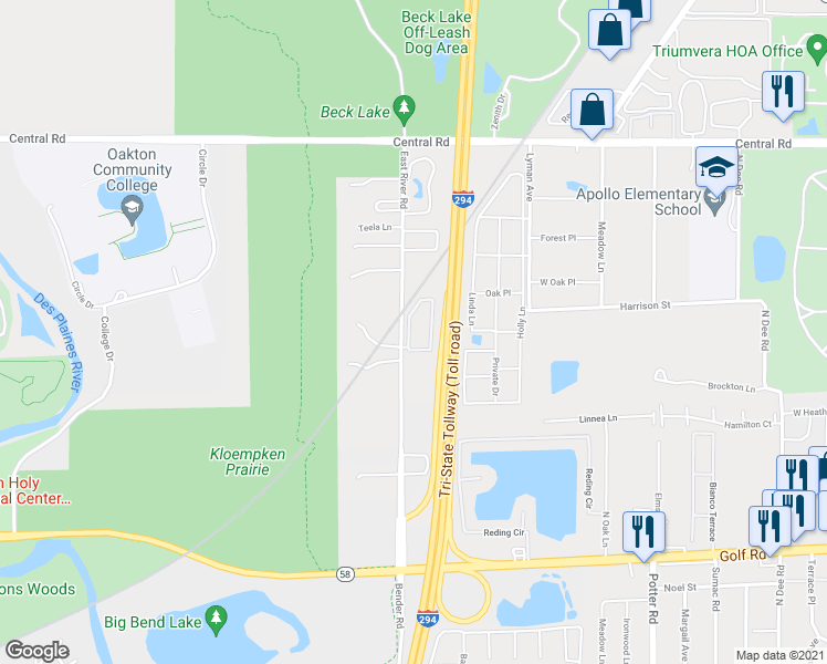 map of restaurants, bars, coffee shops, grocery stores, and more near 390 East River Road in Des Plaines