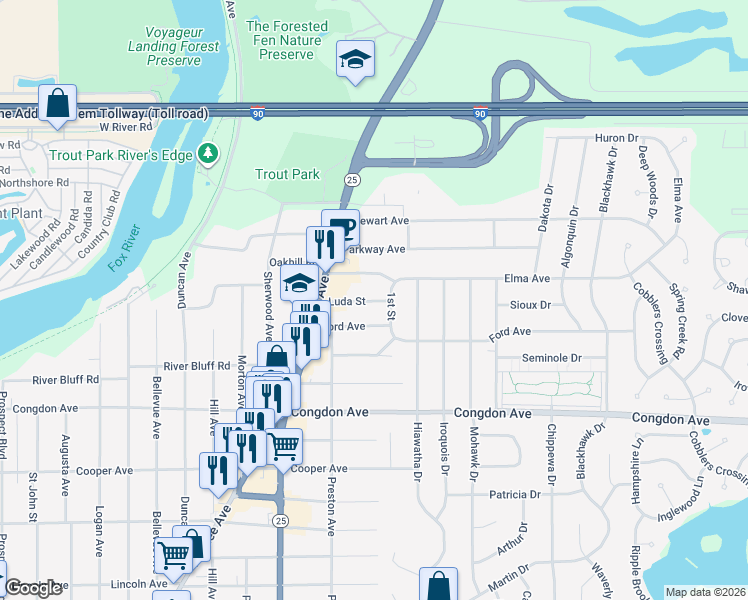 map of restaurants, bars, coffee shops, grocery stores, and more near 1198 1st Street in Elgin