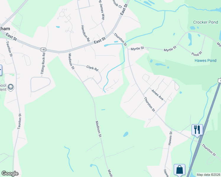 map of restaurants, bars, coffee shops, grocery stores, and more near 270 Cowell Road in Wrentham
