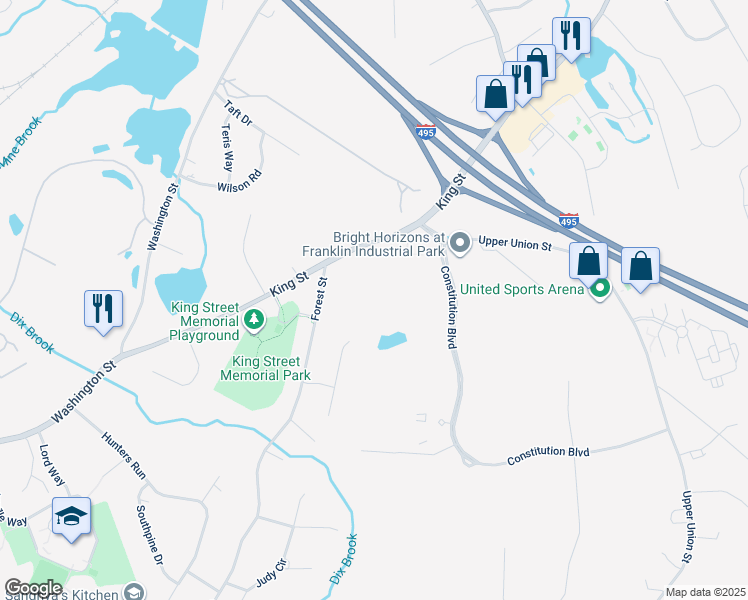 map of restaurants, bars, coffee shops, grocery stores, and more near 656 King Street in Franklin