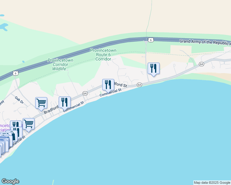 map of restaurants, bars, coffee shops, grocery stores, and more near 633 Commercial Street in Provincetown