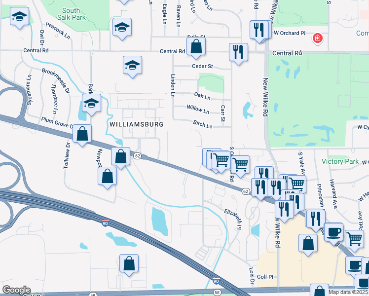 map of restaurants, bars, coffee shops, grocery stores, and more near 2402 West Algonquin Road in Rolling Meadows