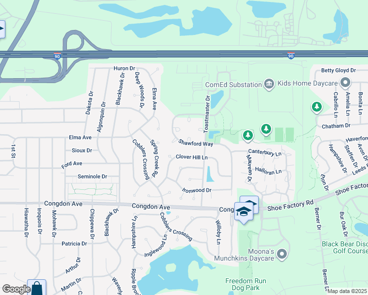 map of restaurants, bars, coffee shops, grocery stores, and more near 1102 Clover Hill Lane in Elgin