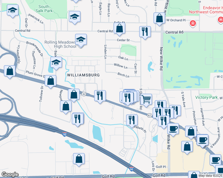 map of restaurants, bars, coffee shops, grocery stores, and more near 2402 West Algonquin Road in Rolling Meadows