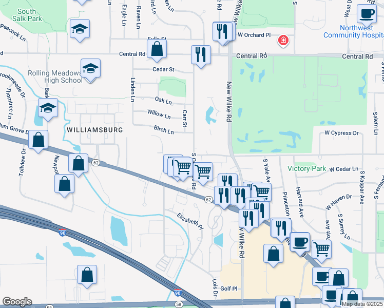 map of restaurants, bars, coffee shops, grocery stores, and more near 4927 Weber Drive in Rolling Meadows