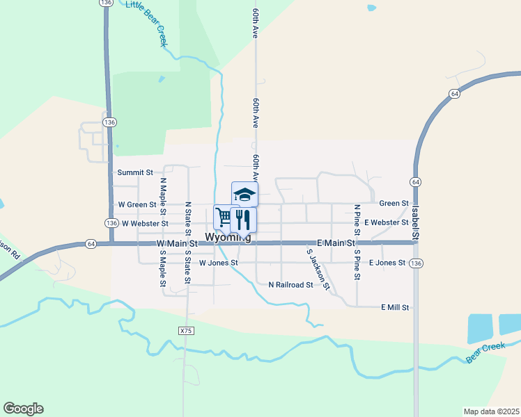 map of restaurants, bars, coffee shops, grocery stores, and more near 105 East Webster Street in Wyoming