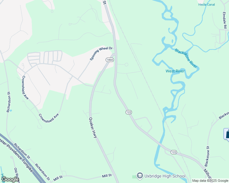 map of restaurants, bars, coffee shops, grocery stores, and more near 315 Millville Road in Uxbridge