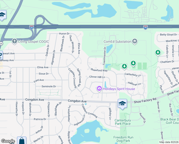 map of restaurants, bars, coffee shops, grocery stores, and more near 1268 Christopher Court in Elgin