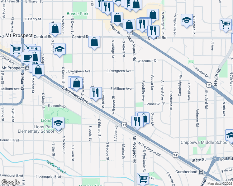map of restaurants, bars, coffee shops, grocery stores, and more near 313 South George Street in Mount Prospect