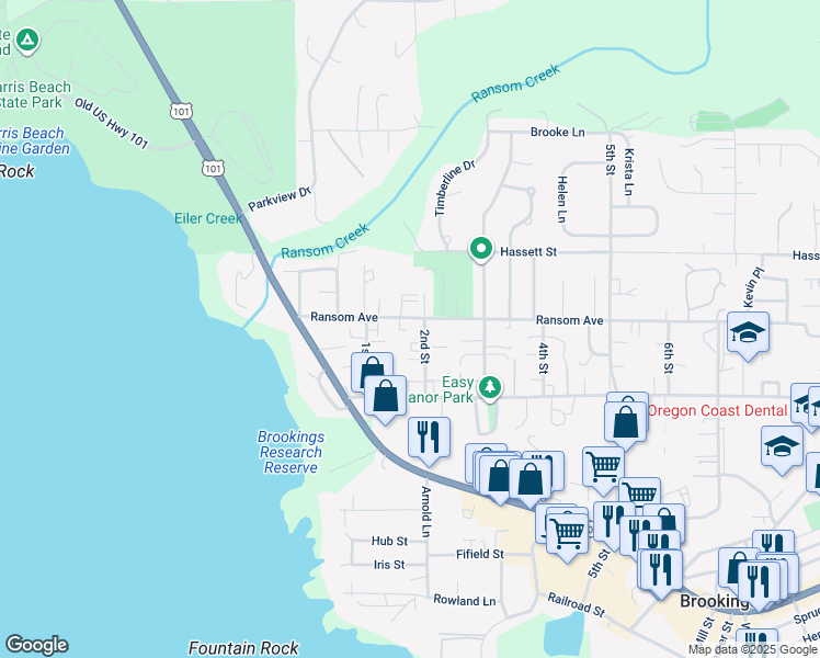 map of restaurants, bars, coffee shops, grocery stores, and more near 735 North 2nd Street in Brookings