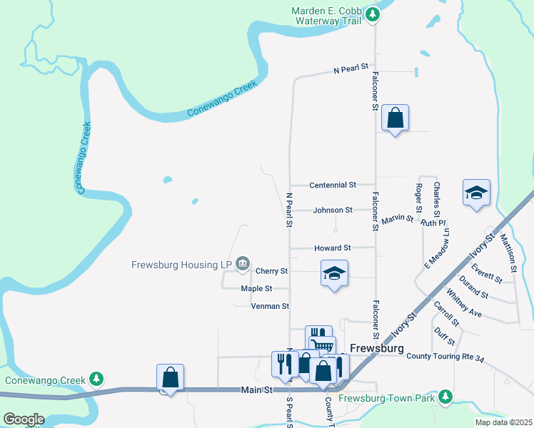 map of restaurants, bars, coffee shops, grocery stores, and more near 107 North Pearl Street in Frewsburg