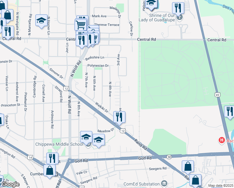 map of restaurants, bars, coffee shops, grocery stores, and more near 381 North 4th Avenue in Des Plaines