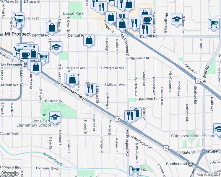 map of restaurants, bars, coffee shops, grocery stores, and more near 313 South George Street in Mount Prospect
