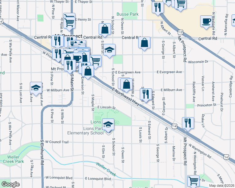 map of restaurants, bars, coffee shops, grocery stores, and more near 415 East Prospect Avenue in Mount Prospect