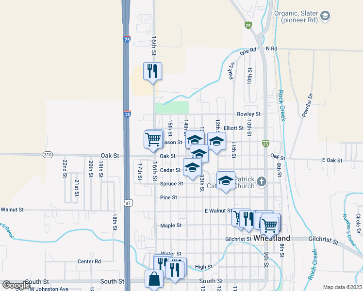 map of restaurants, bars, coffee shops, grocery stores, and more near 1400-1498 Oak St in Wheatland