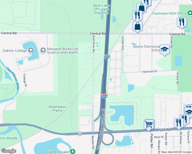 map of restaurants, bars, coffee shops, grocery stores, and more near 390 East River Road in Des Plaines