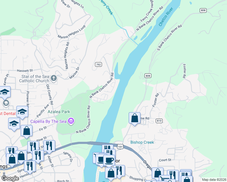 map of restaurants, bars, coffee shops, grocery stores, and more near 97748 North Bank Chetco River Road in Brookings