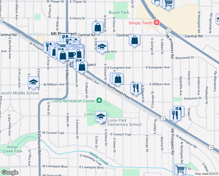 map of restaurants, bars, coffee shops, grocery stores, and more near 415 East Prospect Avenue in Mount Prospect