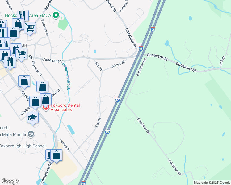 map of restaurants, bars, coffee shops, grocery stores, and more near 10 West Belcher Road in Foxborough