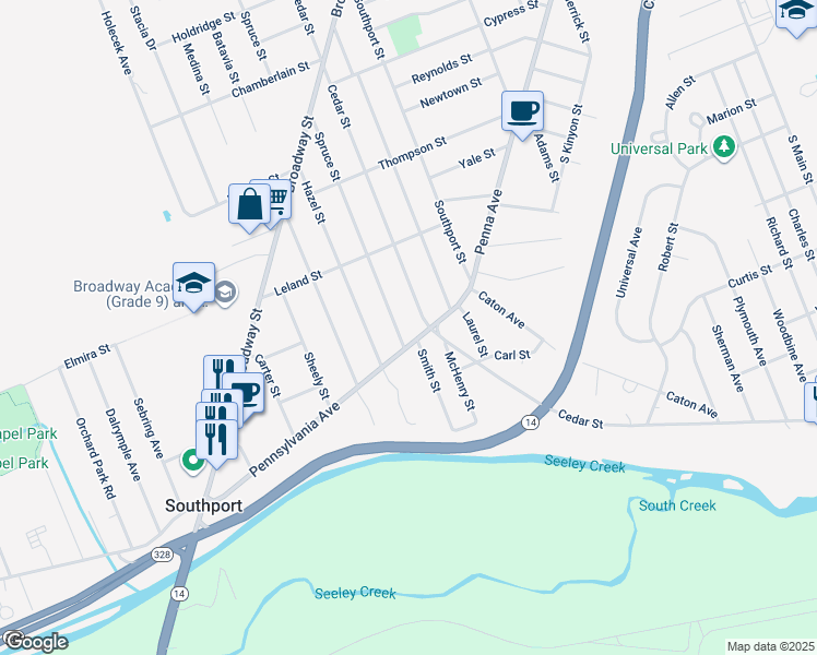 map of restaurants, bars, coffee shops, grocery stores, and more near 1000 Penna Avenue in Elmira