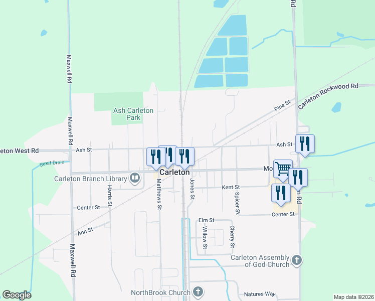 map of restaurants, bars, coffee shops, grocery stores, and more near 12751 Jones Street in Carleton